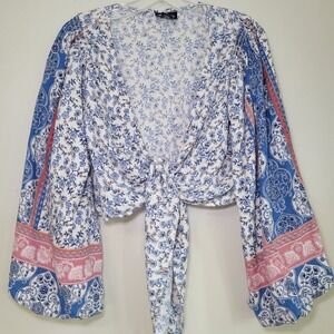 Angie Cropped Wrap Top Flared Bell Sleeves Tie Front Medium Boho Floral